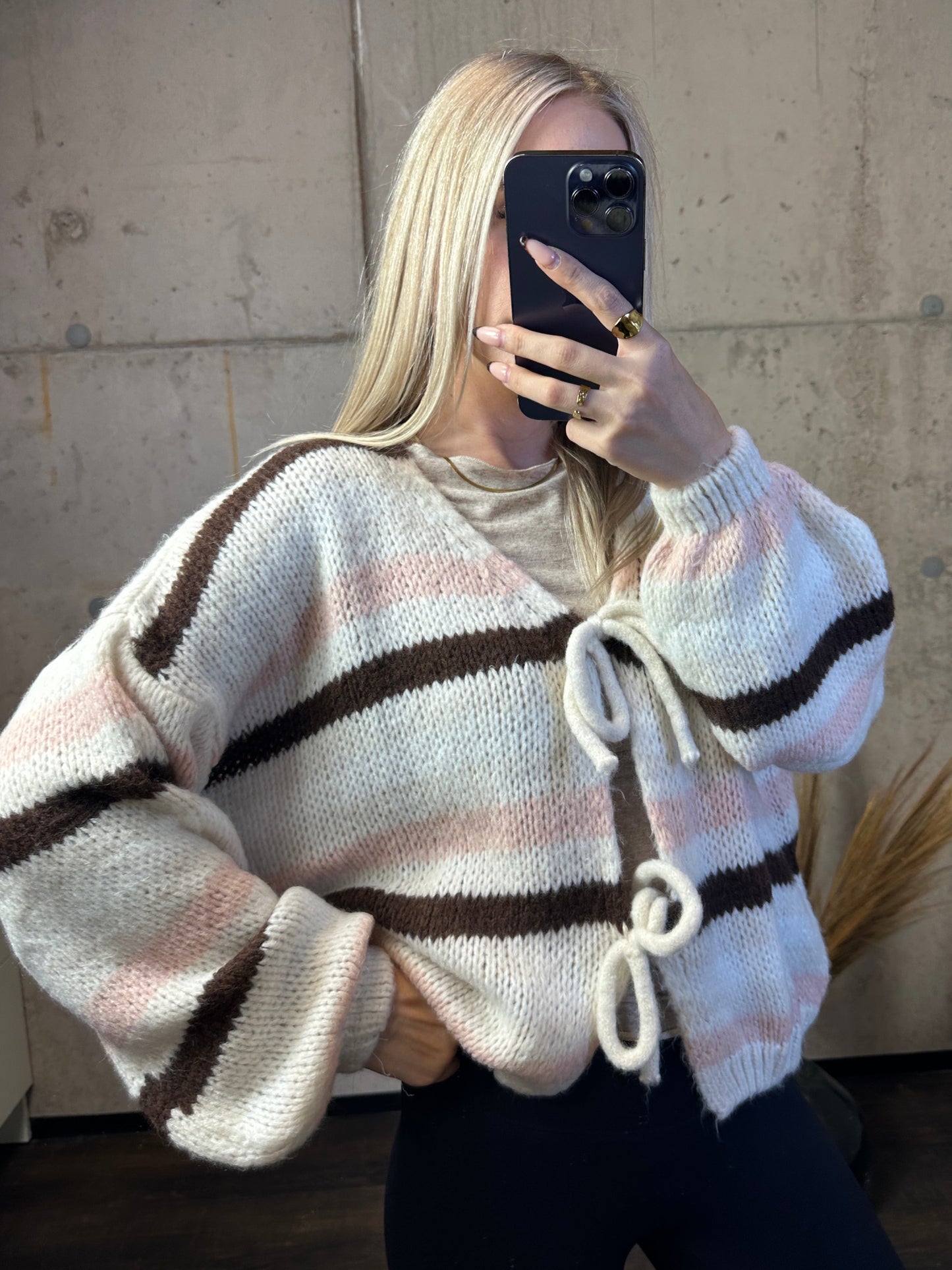 Knoten Cardigan "Leni" Streifi Braun/Apricot/Weiß