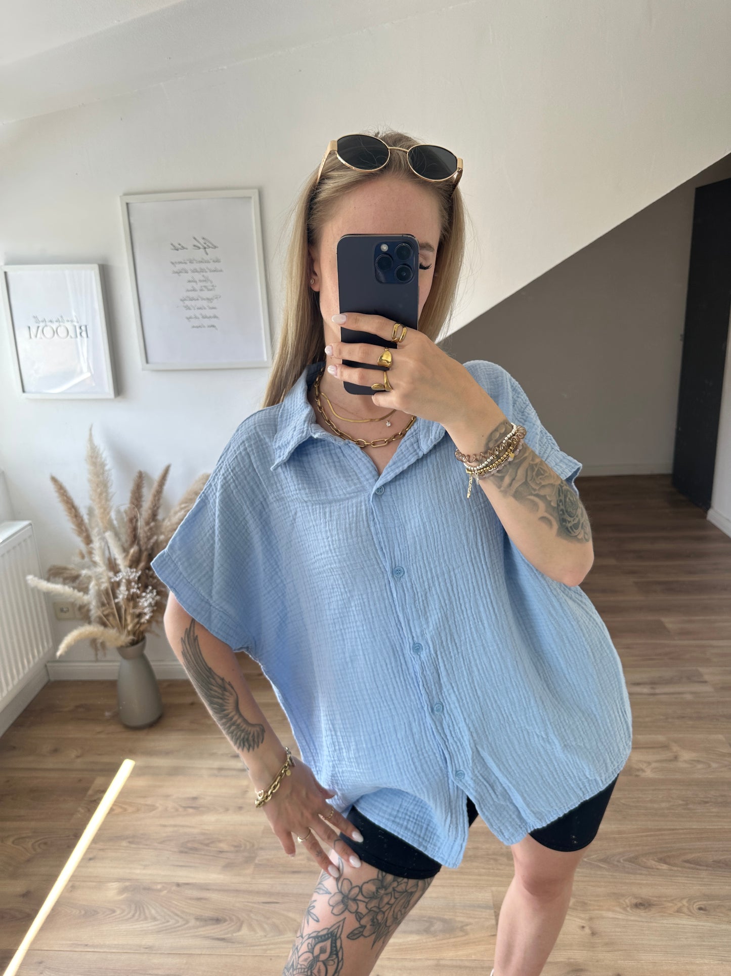Musselin Bluse Celine kurzarm Hellblau
