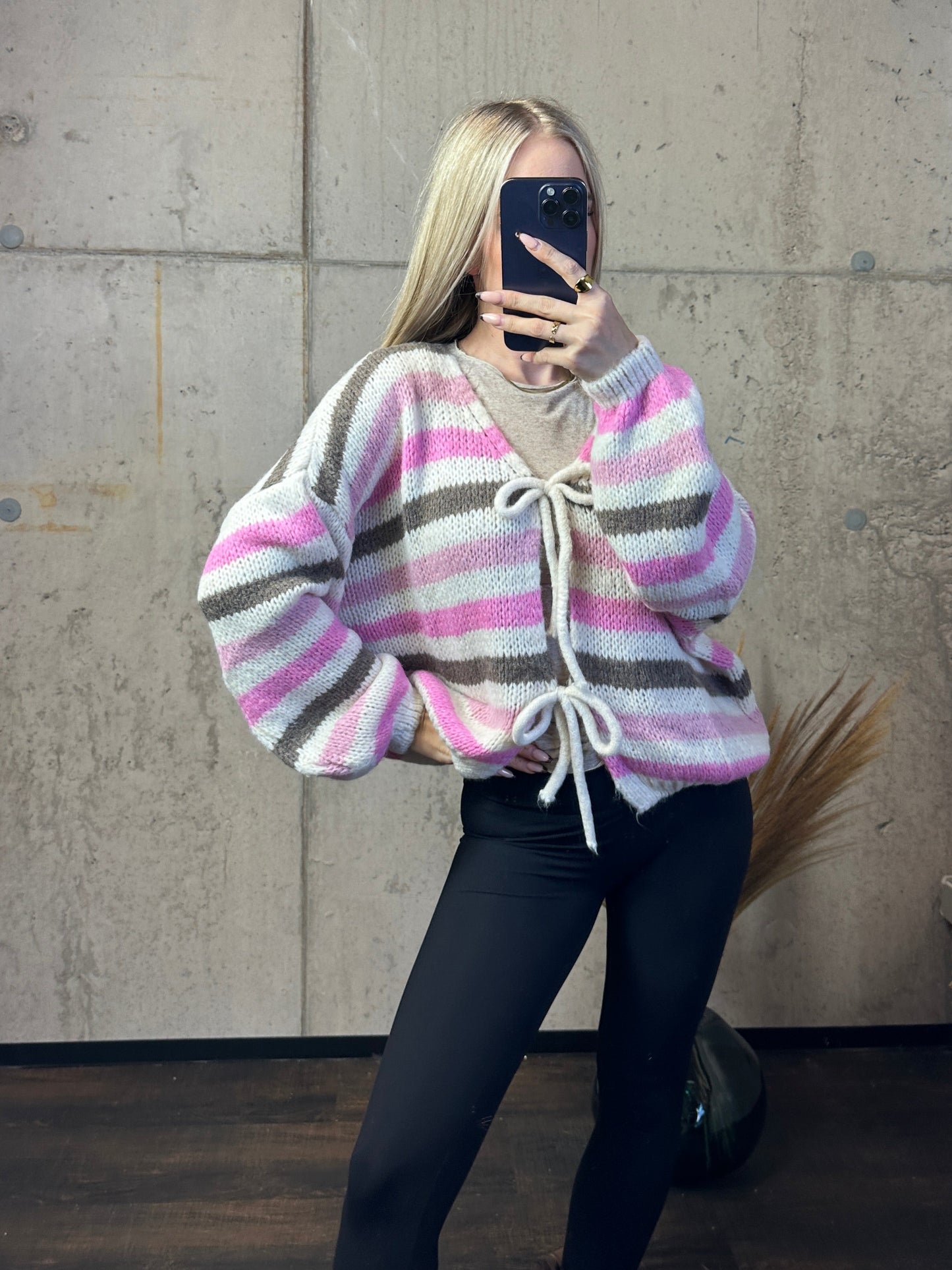 Knoten Cardigan "Leni" Streifi Rosa/Taupe/Weiß