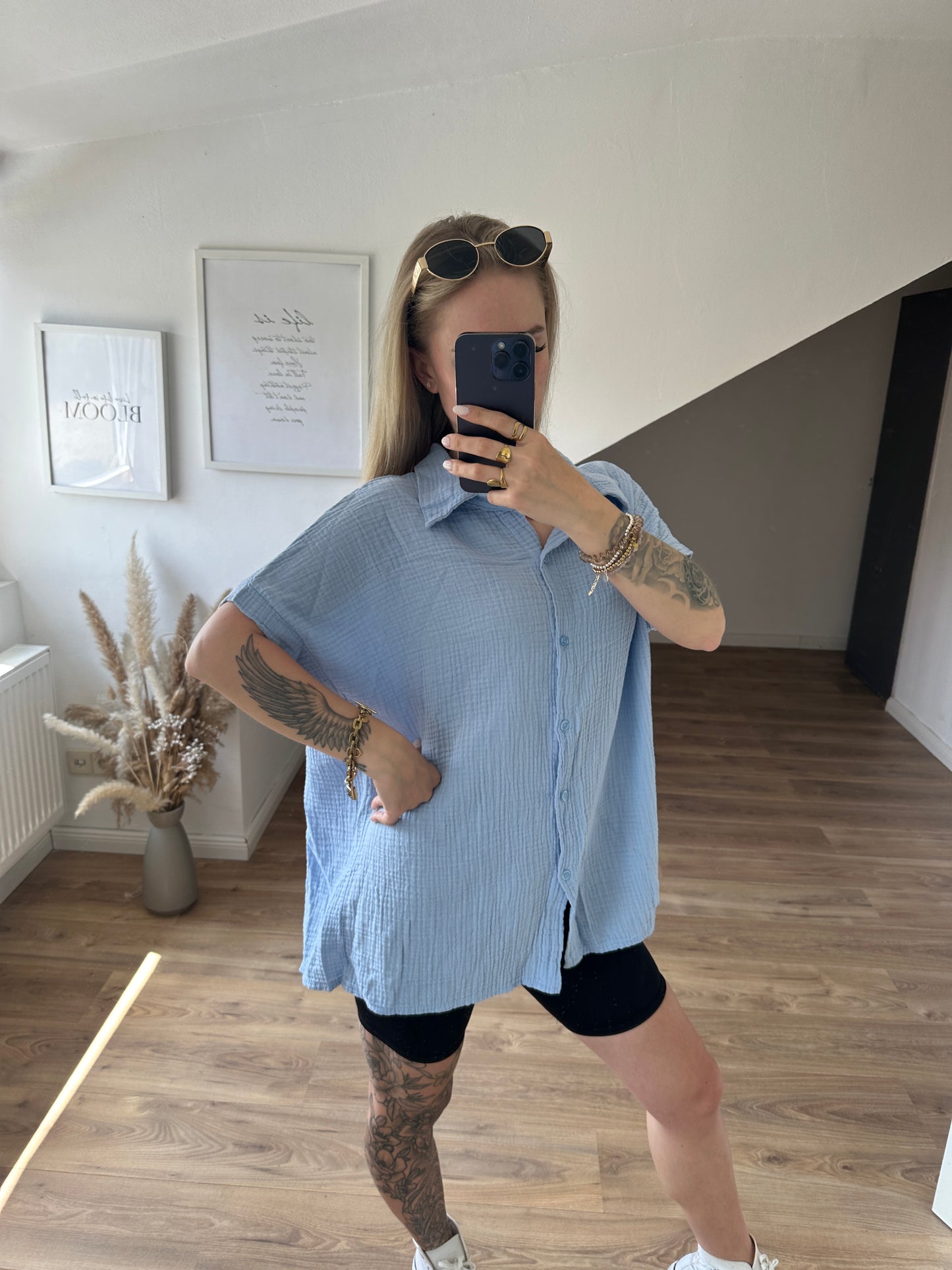 Musselin Bluse Celine kurzarm Hellblau