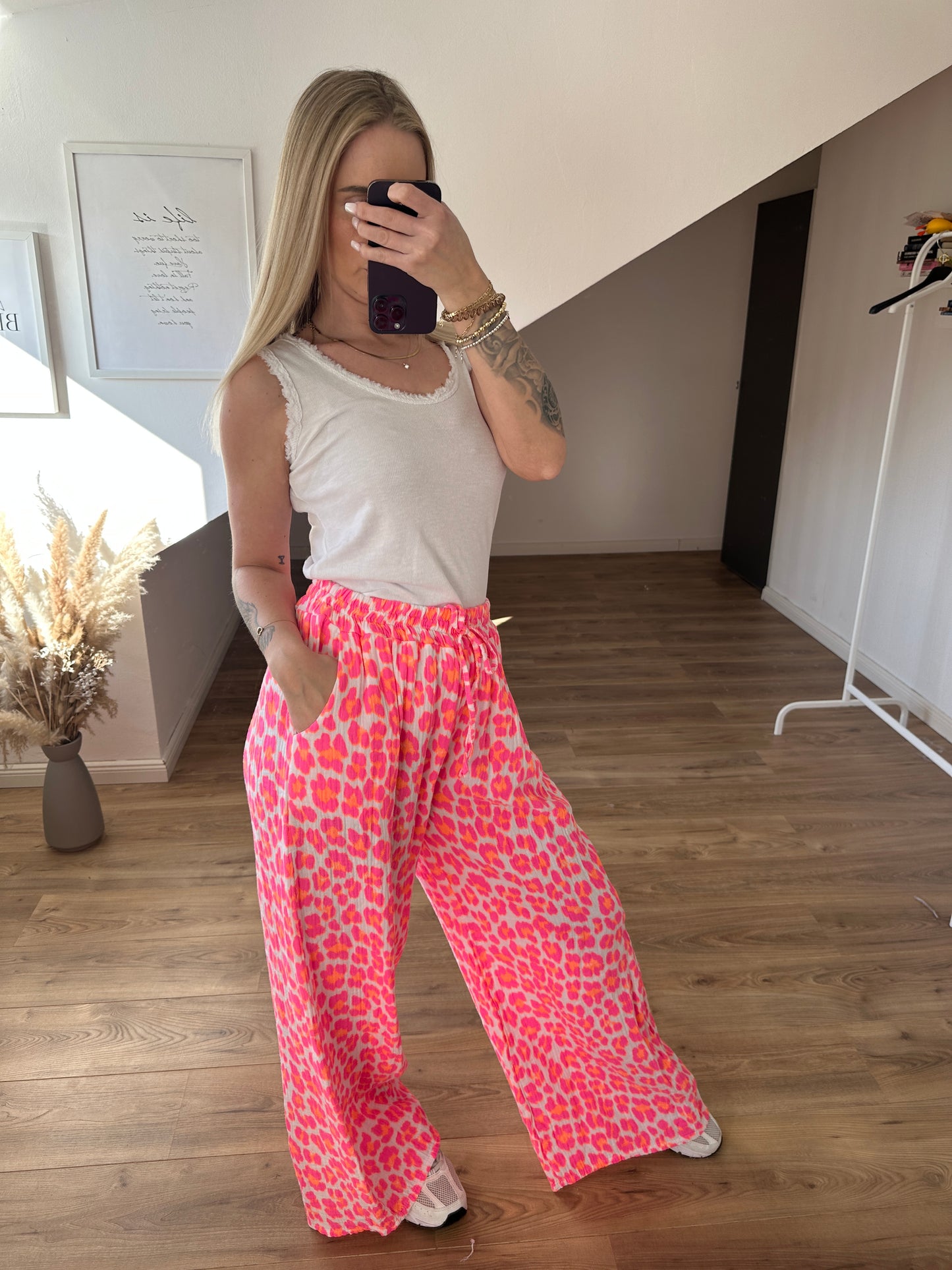 Leo Musselin Hose Lang Pink/Weiß