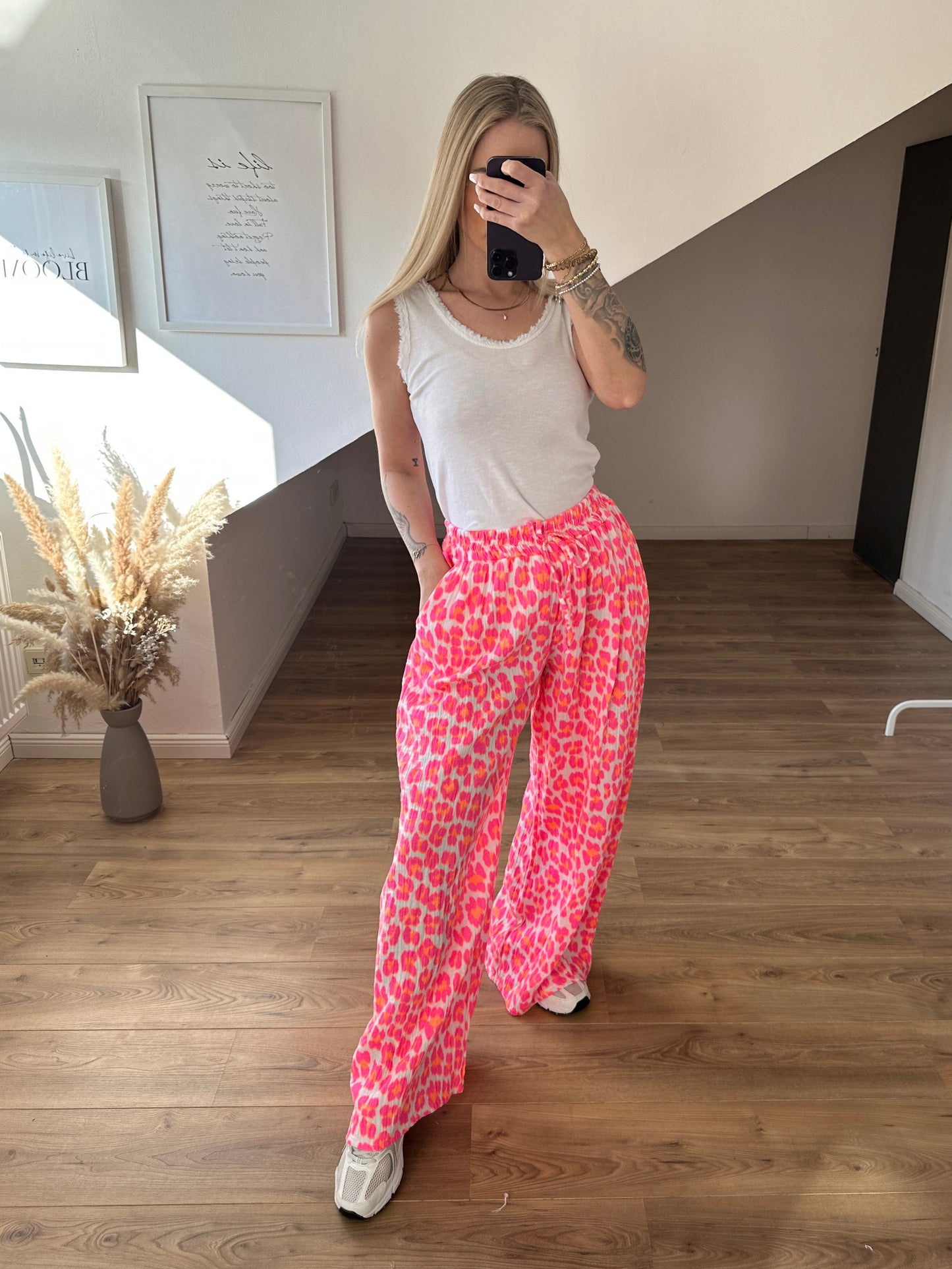 Leo Musselin Hose Lang Pink/Weiß
