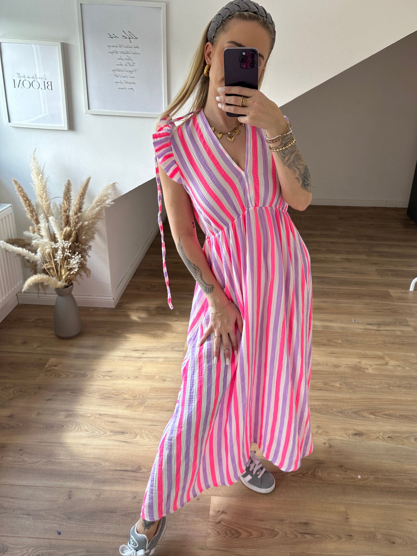 Musselin Kleid "Streifi" Pink Lila Kurze Ärmel