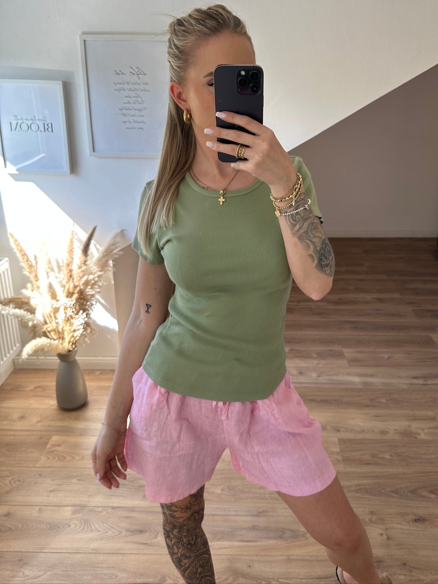 Basic geripptes T-Shirt Gelb