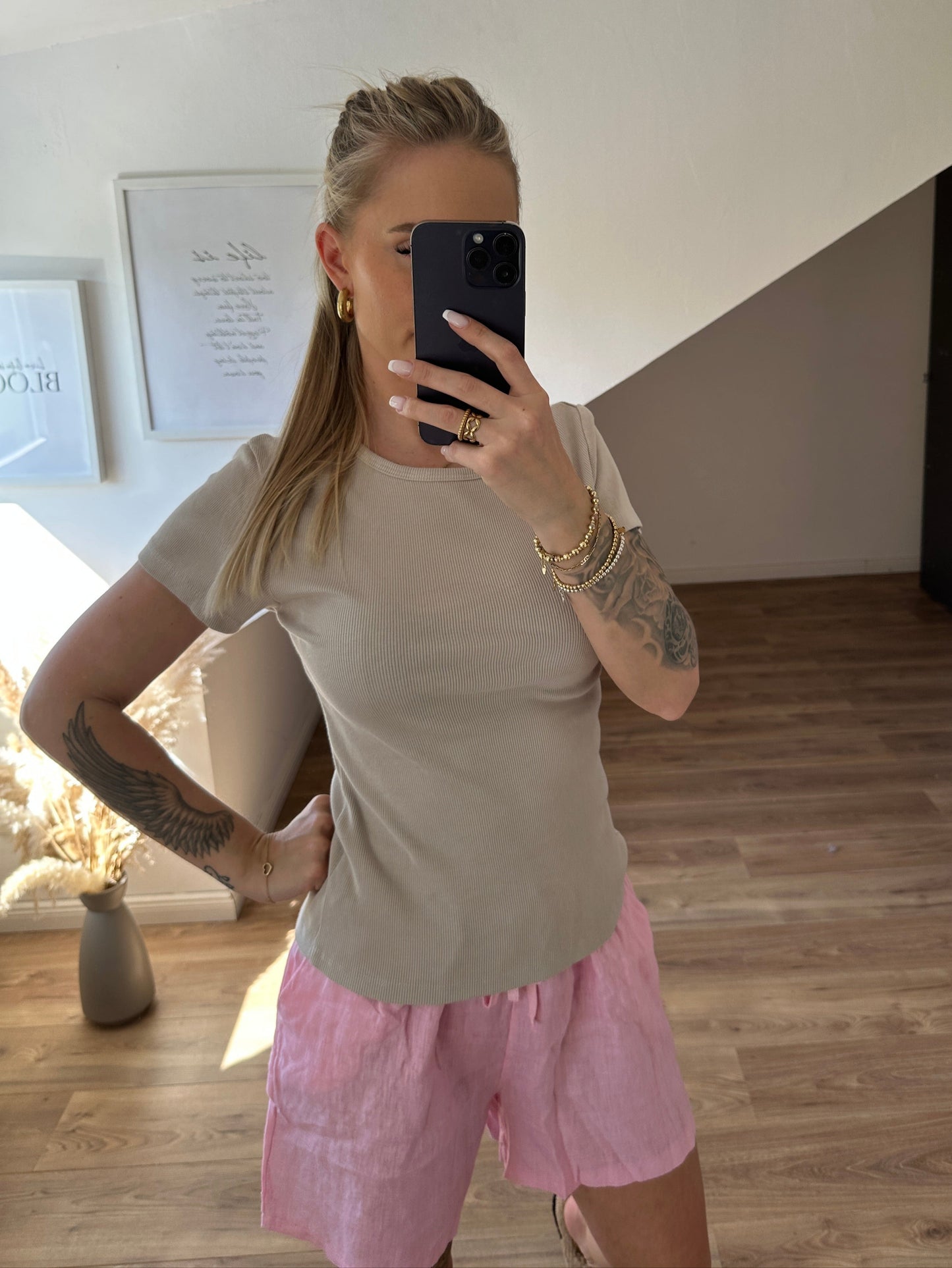 Basic geripptes T-Shirt Gelb