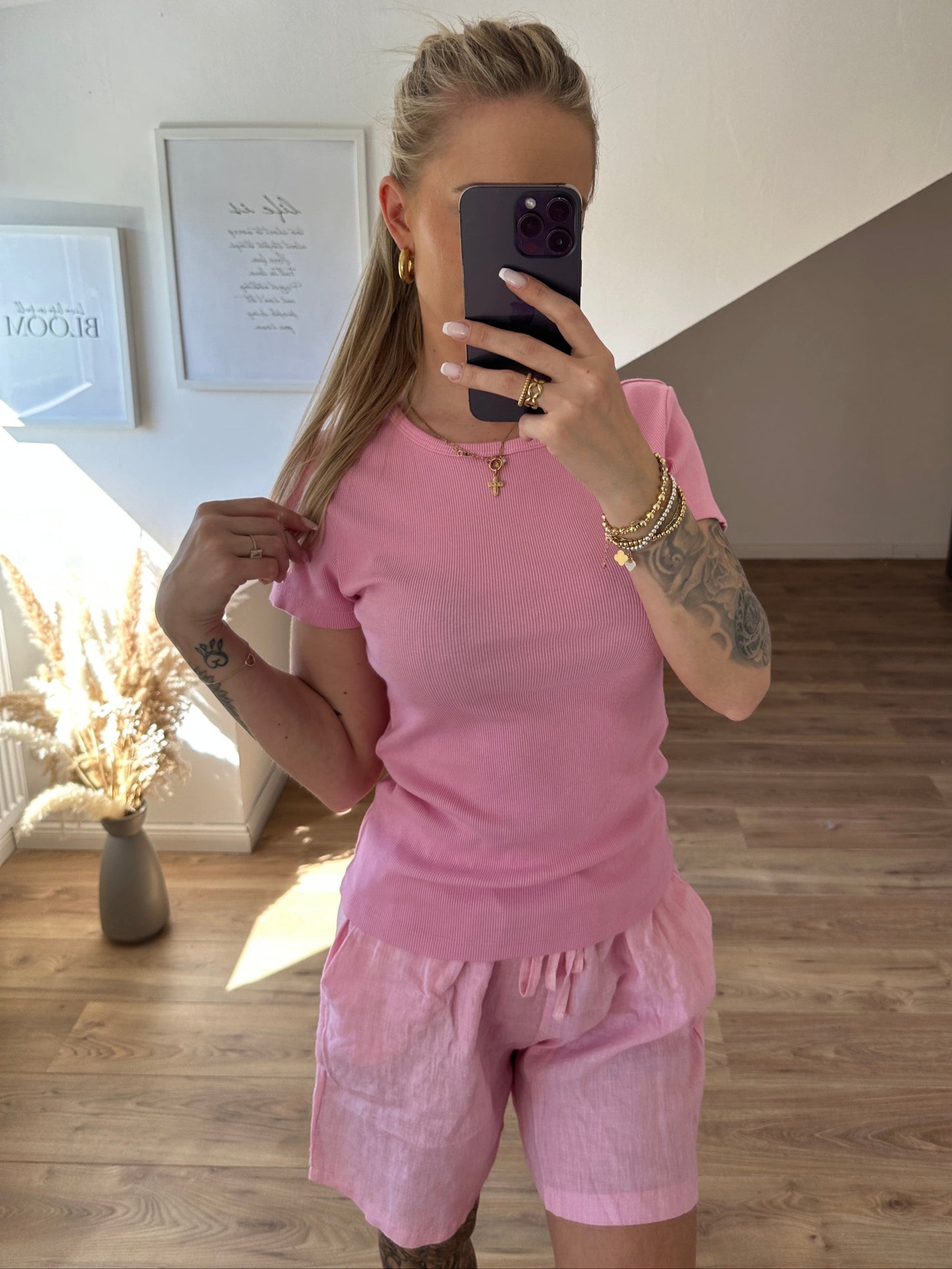 Basic geripptes T-Shirt Gelb