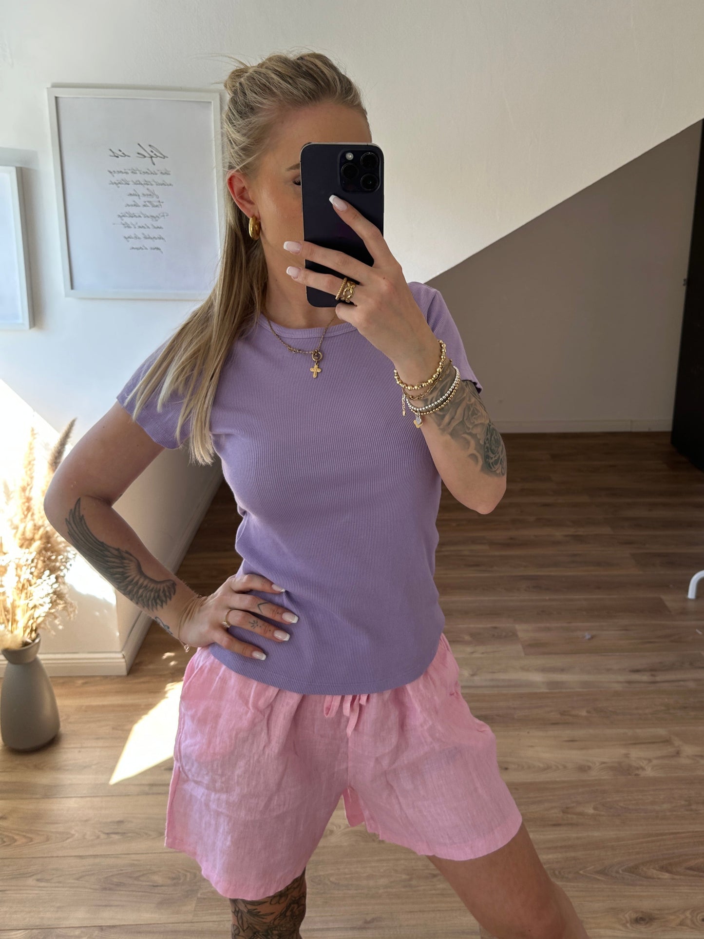 Basic geripptes T-Shirt Gelb