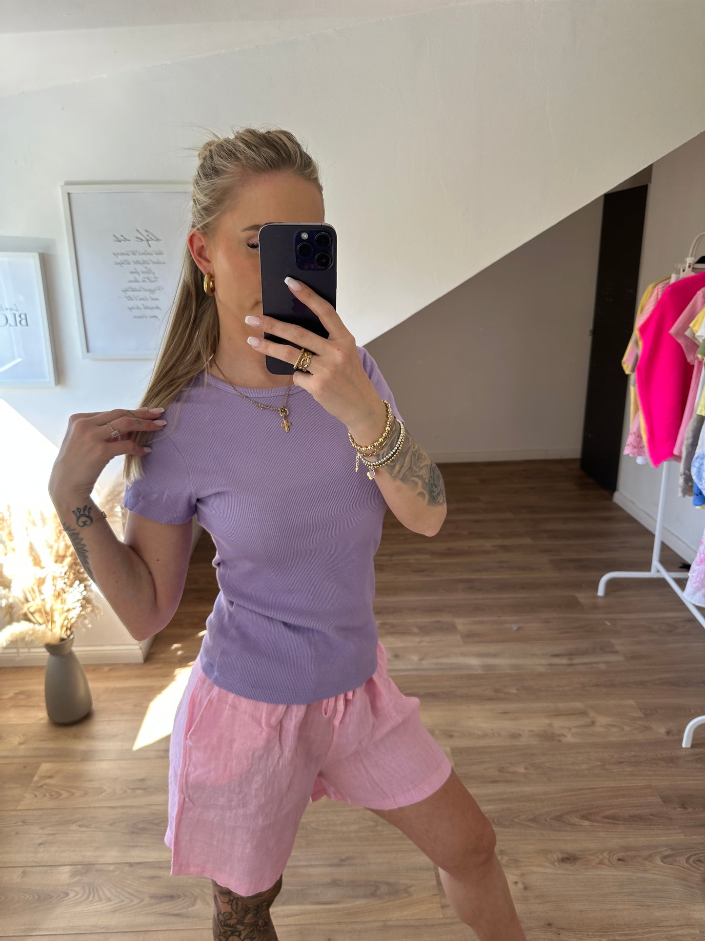 Basic geripptes T-Shirt Gelb