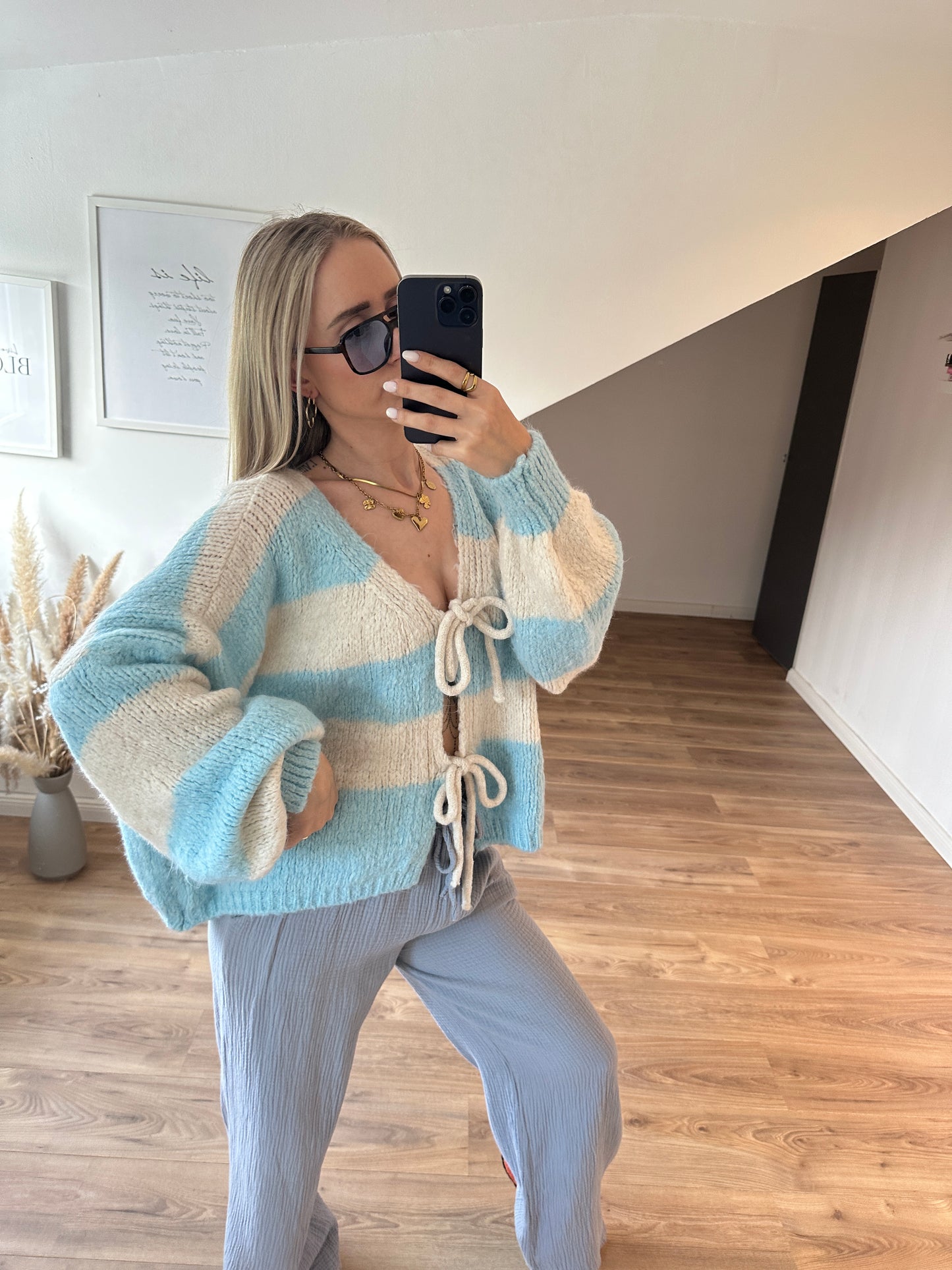 Knoten Cardigan "Leni" Streifi Türkis Beige