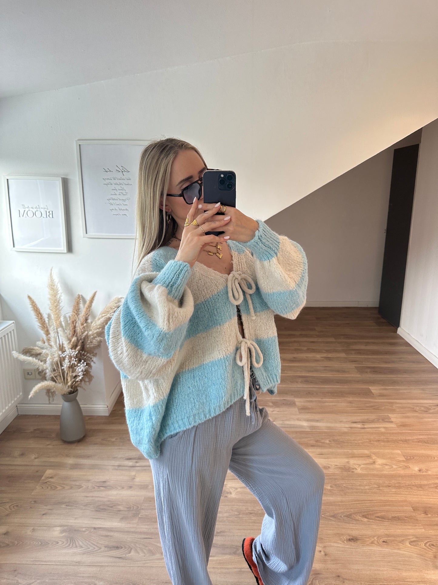Knoten Cardigan "Leni" Streifi Türkis Beige