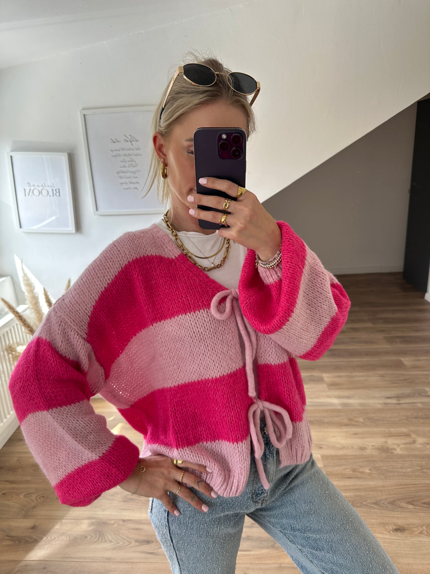 Knoten Cardigan "Leni" Streifi Rosa Pink