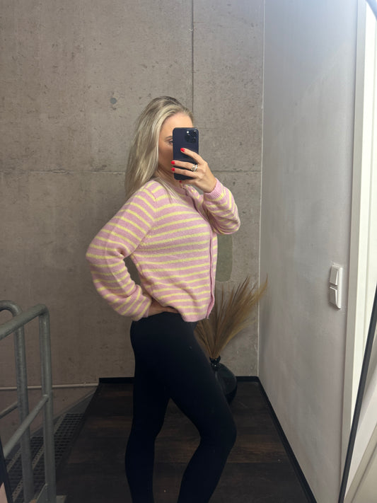 Cardigan Knöpfi Rundhals Rosa Gelb