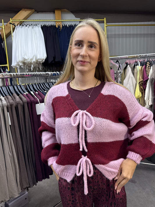 Knoten Cardigan "Leni" Streifi Bordeaux/Rosa