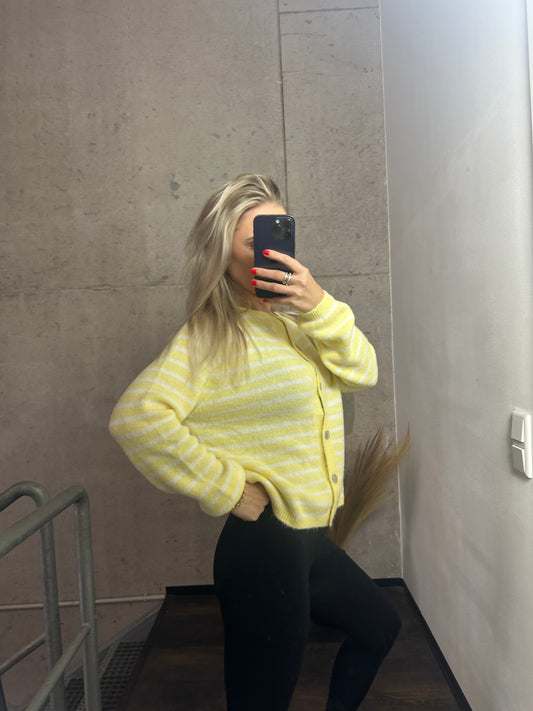 Cardigan Knöpfi Rundhals Gelb Weiß