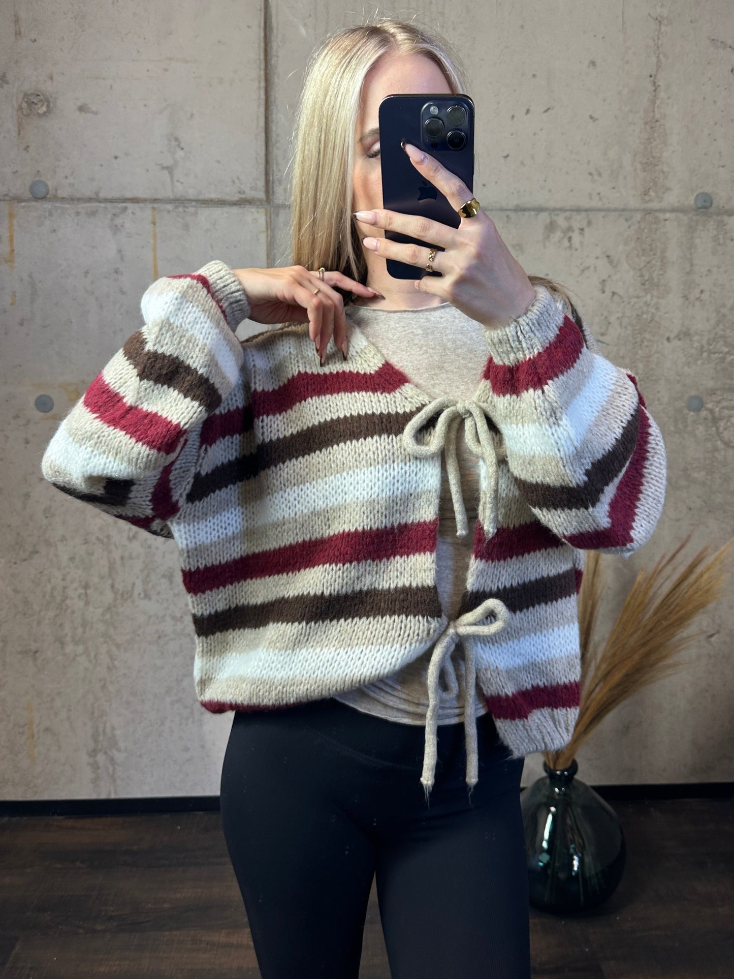 Knoten Cardigan "Leni" Streifi Braun/Bordeaux/Beige