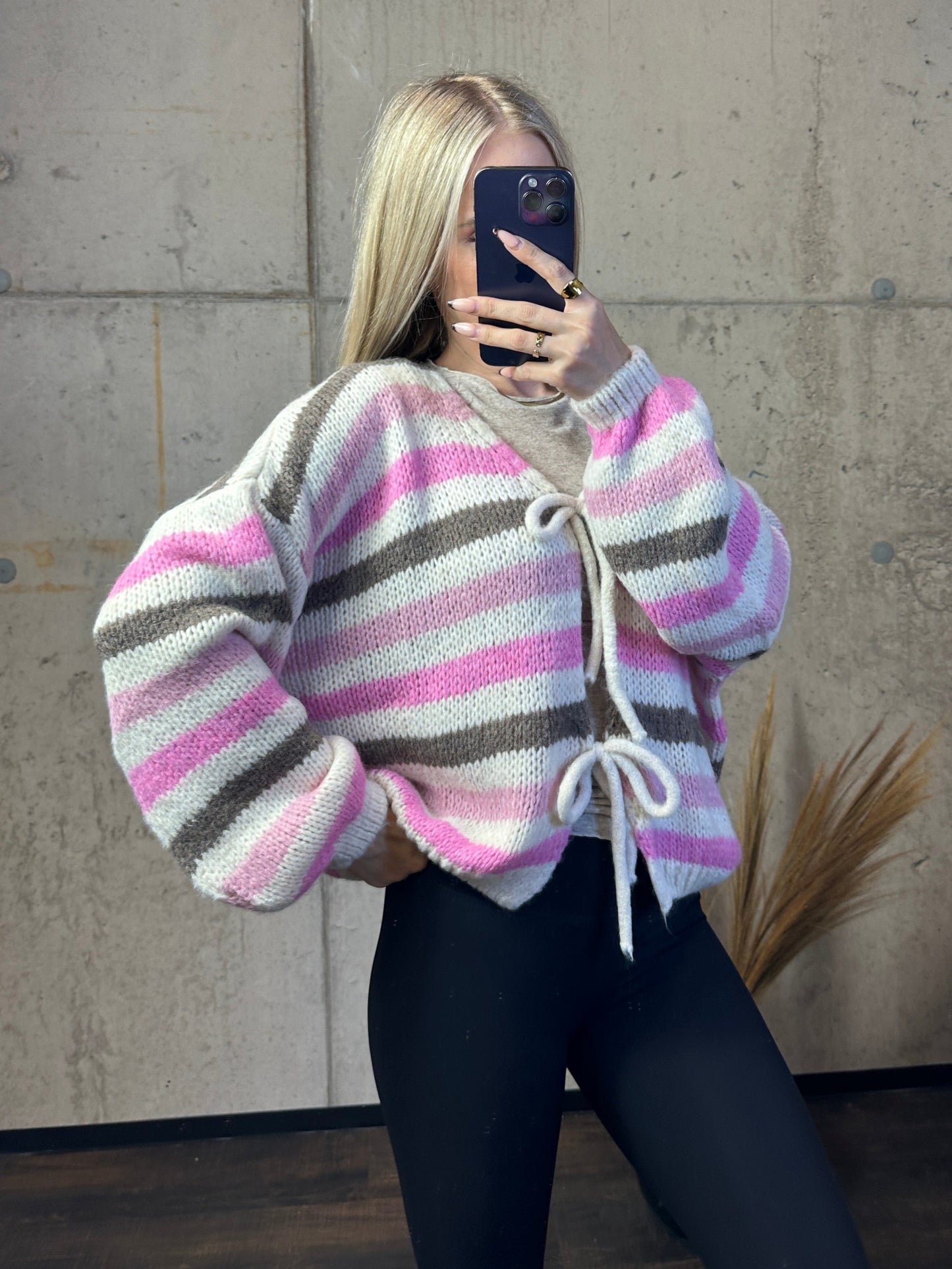 Knoten Cardigan "Leni" Streifi Rosa/Taupe/Weiß