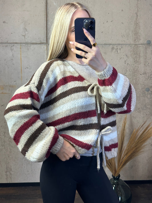 Knoten Cardigan "Leni" Streifi Braun/Bordeaux/Beige