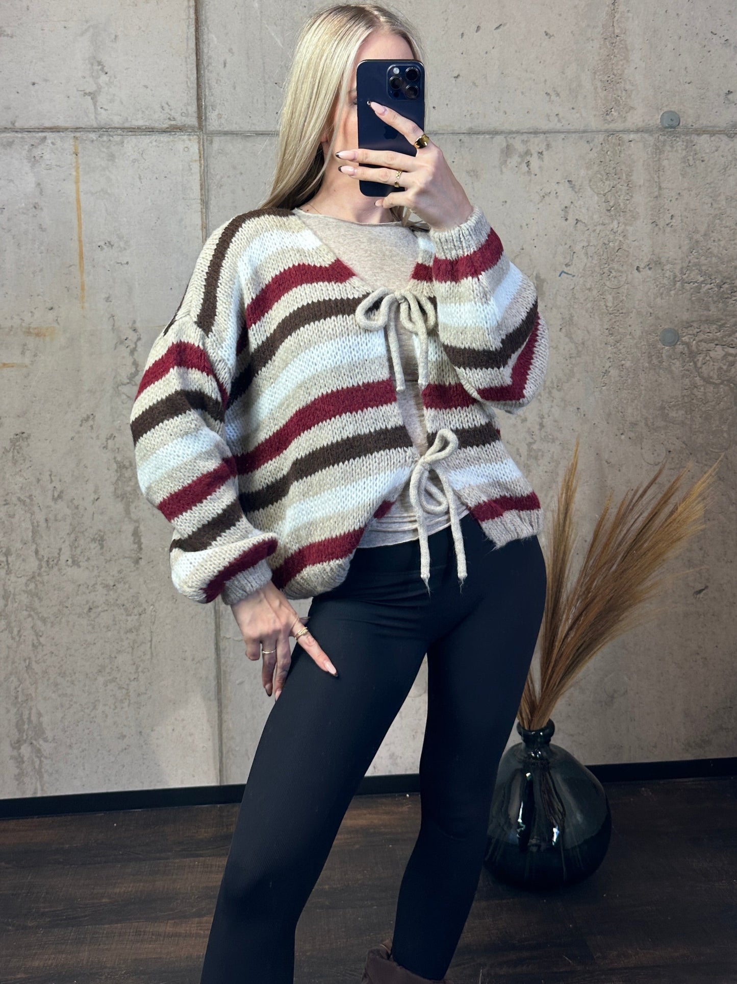Knoten Cardigan "Leni" Streifi Braun/Bordeaux/Beige