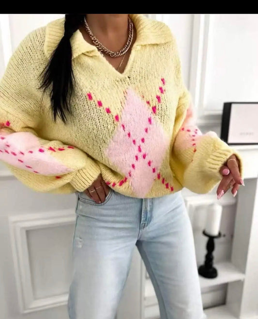 Karo Pullover Gelb Pink