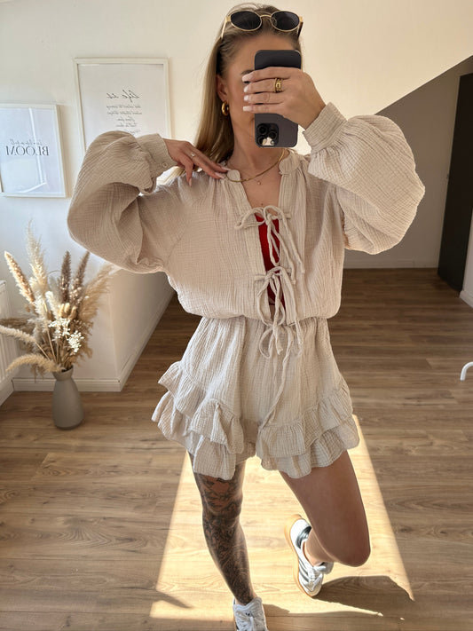 Musselin Jumpsuit mit 3 Schleifchen "Marie" Beige