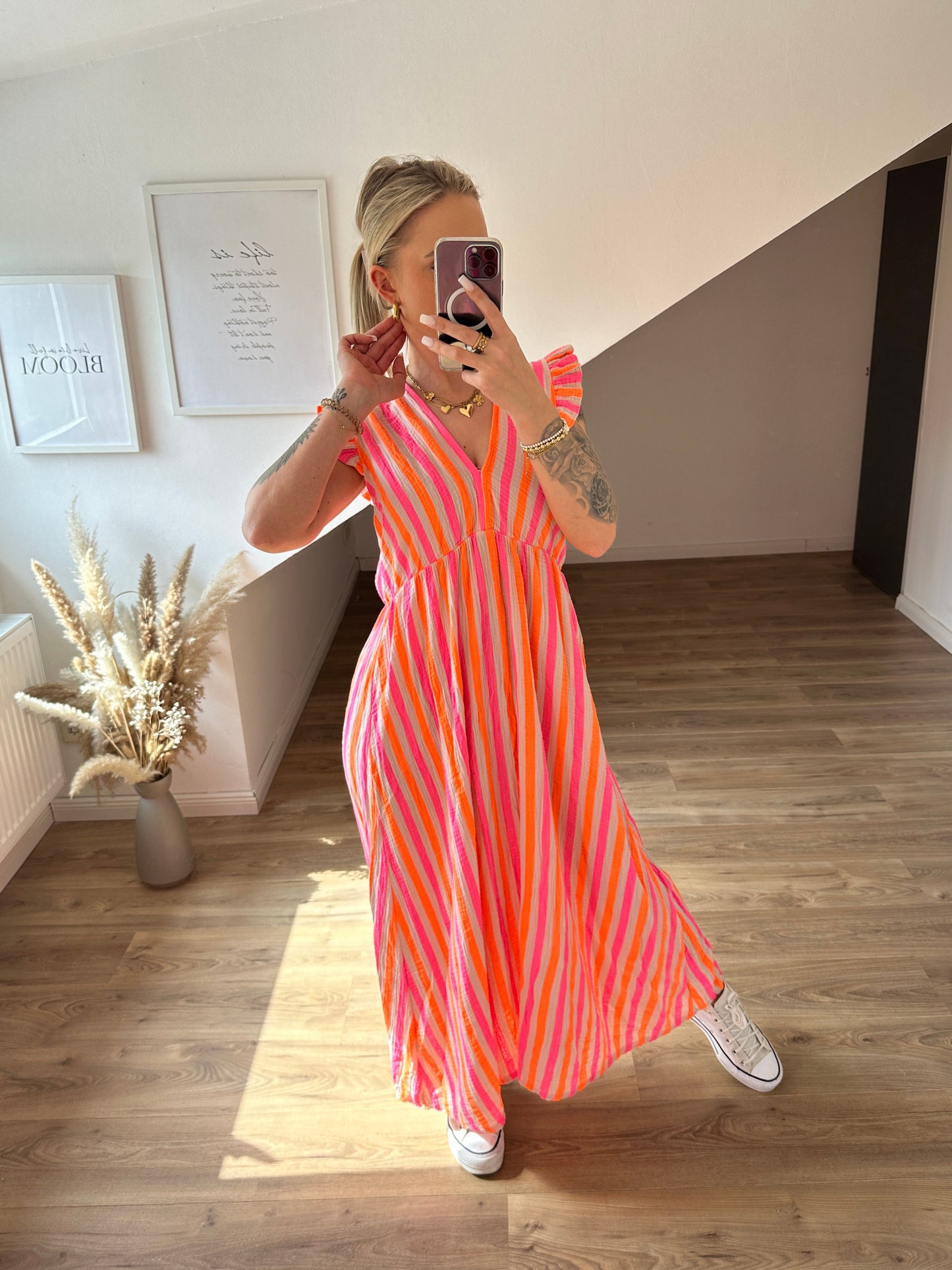 Musselin Kleid "Streifi" Pink Lila Kurze Ärmel