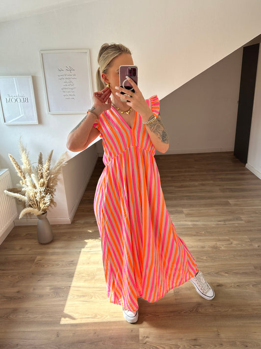 Musselin Kleid "Streifi" Pink Orange Kurze Ärmel