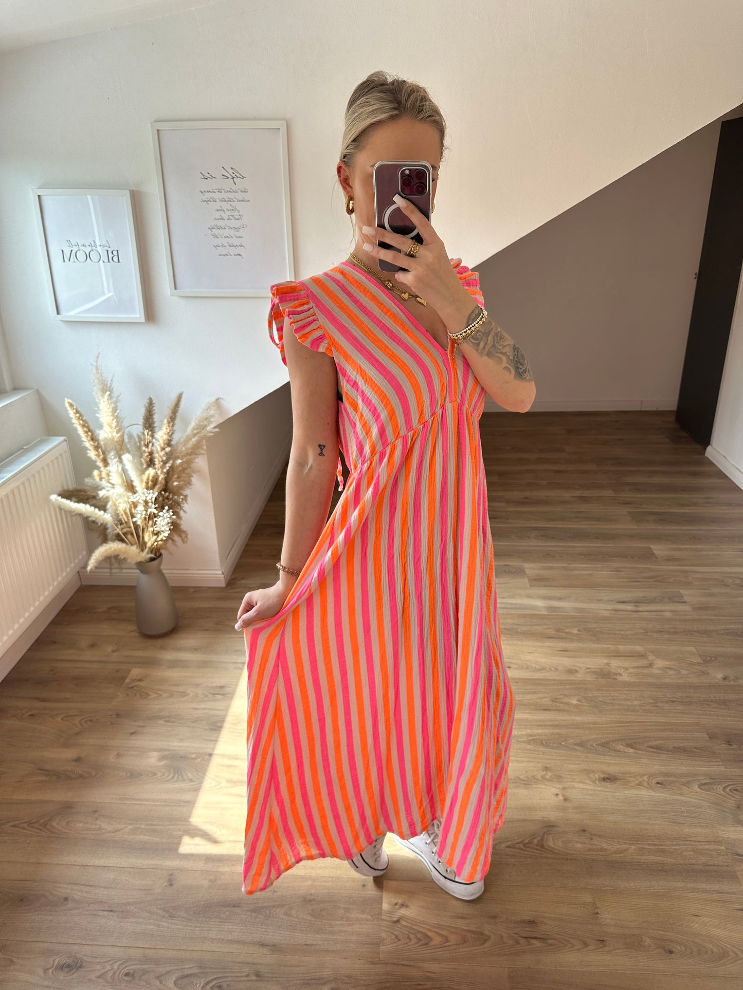 Musselin Kleid "Streifi" Pink Lila Kurze Ärmel