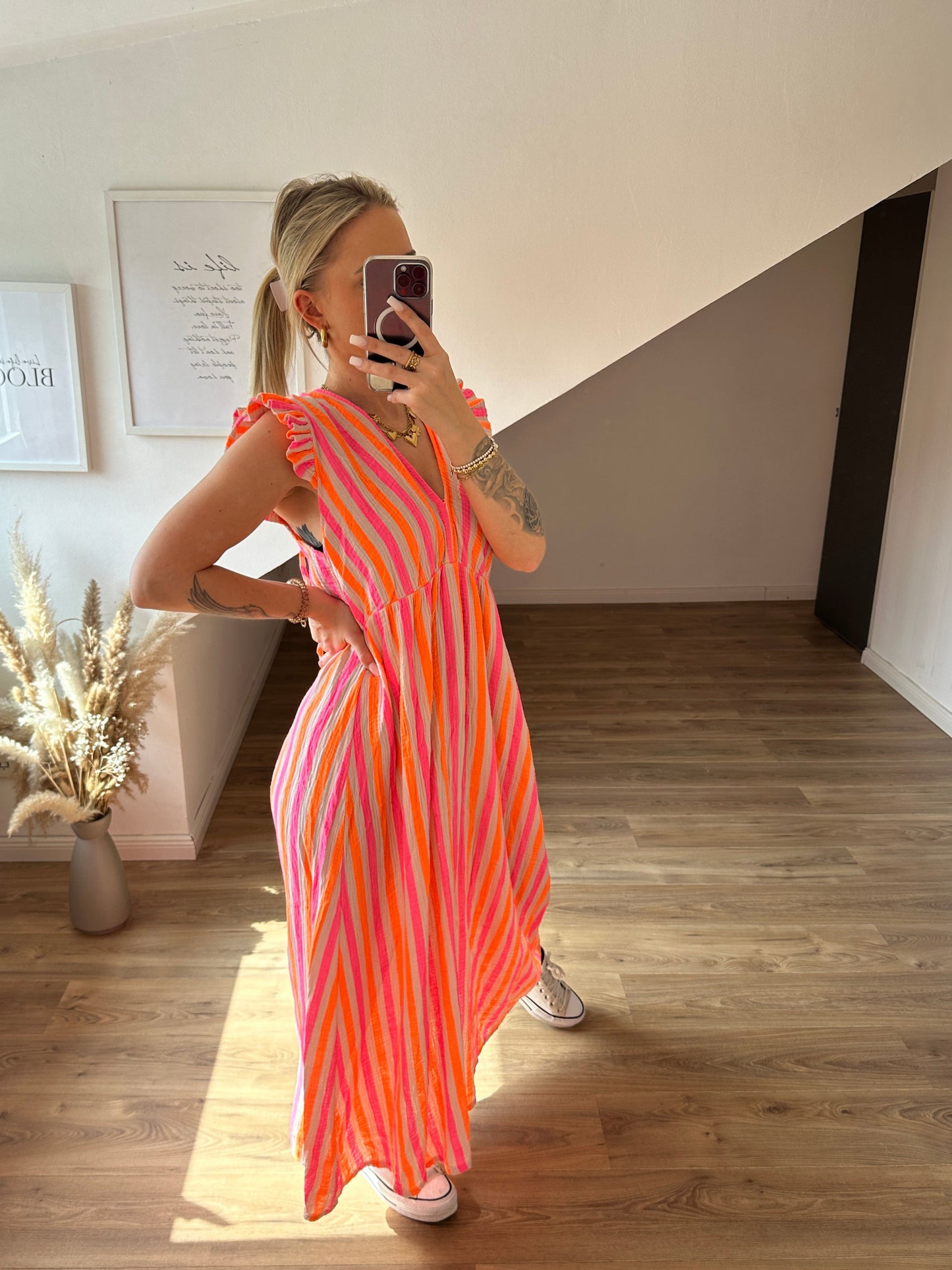 Musselin Kleid "Streifi" Pink Lila Kurze Ärmel