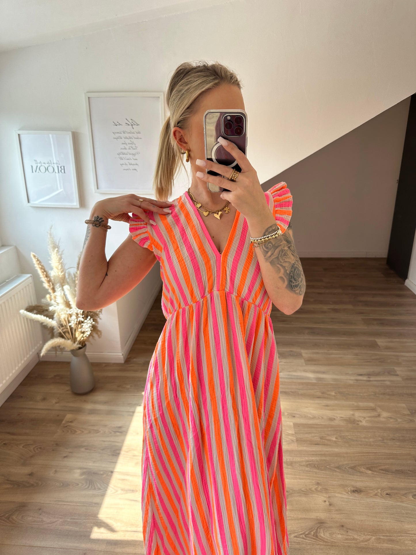 Musselin Kleid "Streifi" Pink Lila Kurze Ärmel