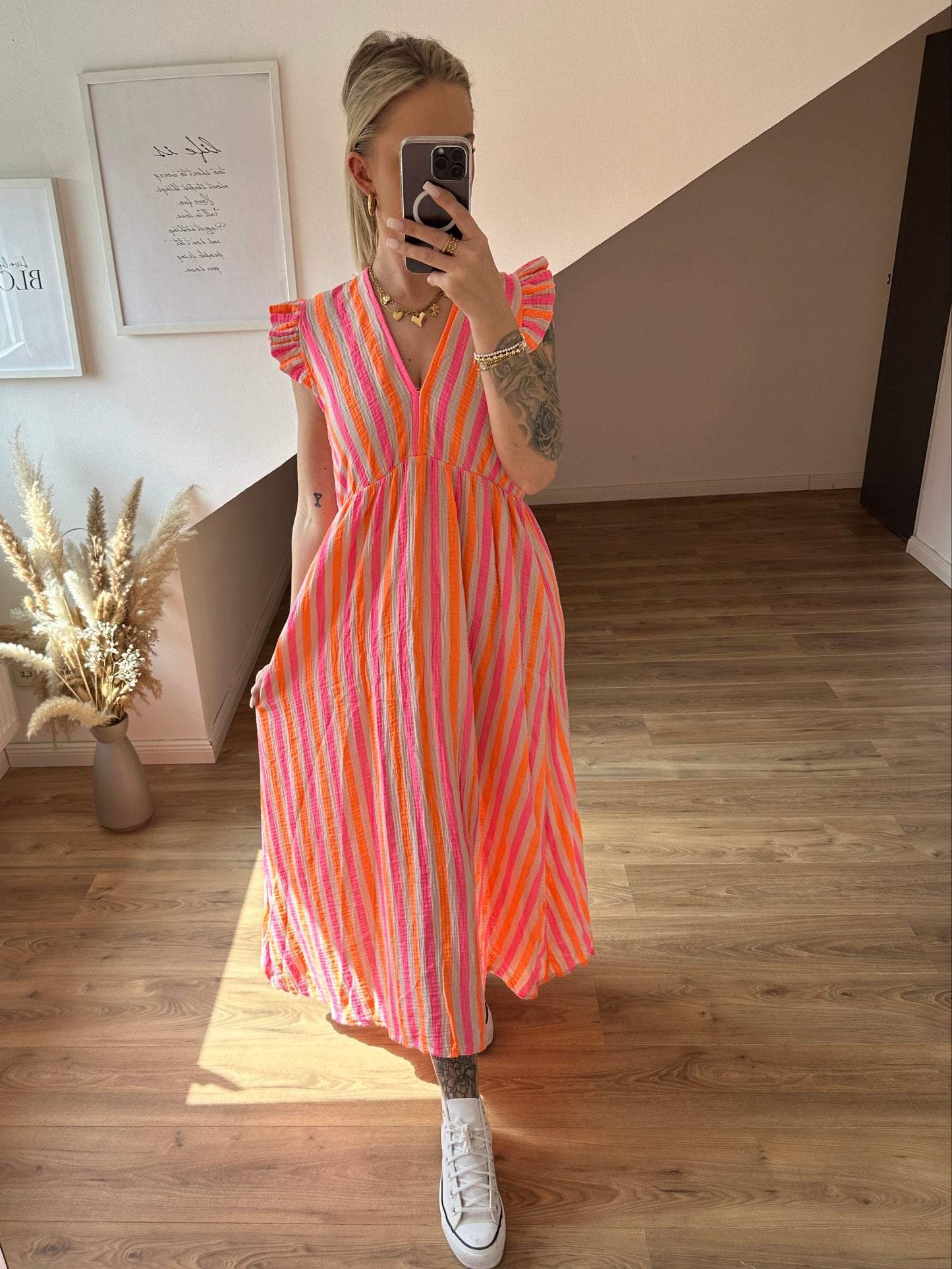 Musselin Kleid "Streifi" Pink Lila Kurze Ärmel