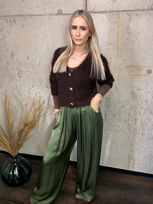 Plissee Hose Seiden Khaki