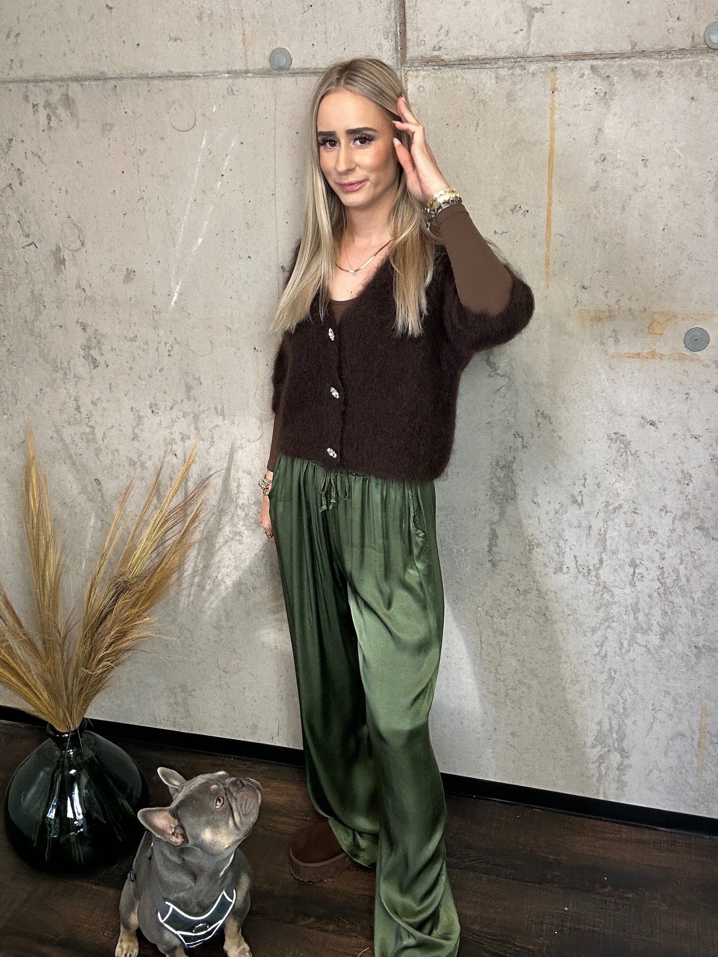 Plissee Hose Seiden Khaki