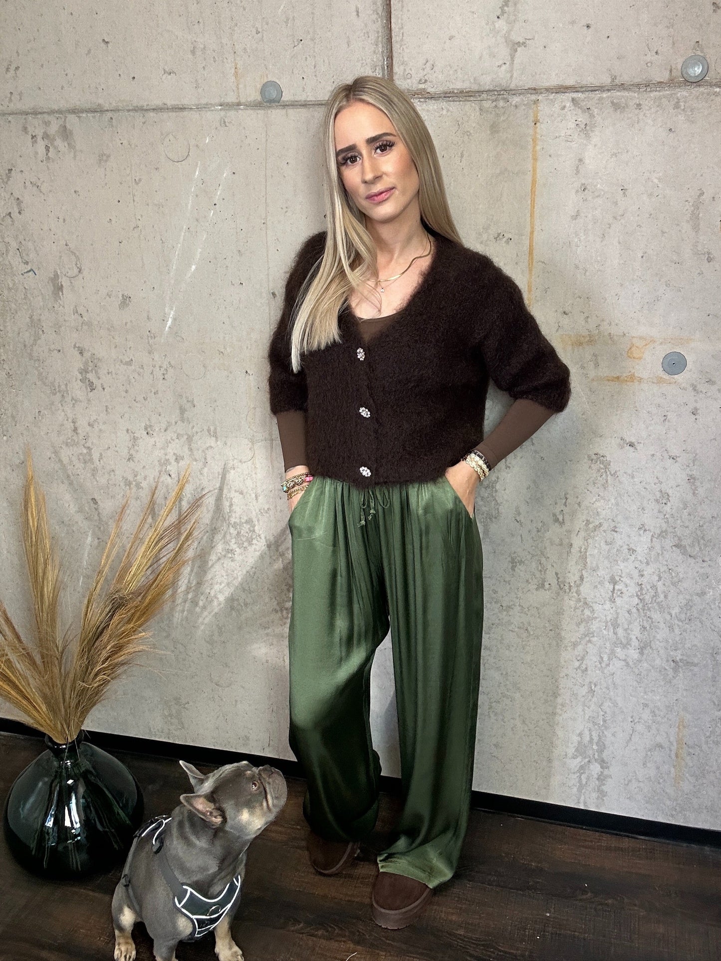 Plissee Hose Seiden Khaki
