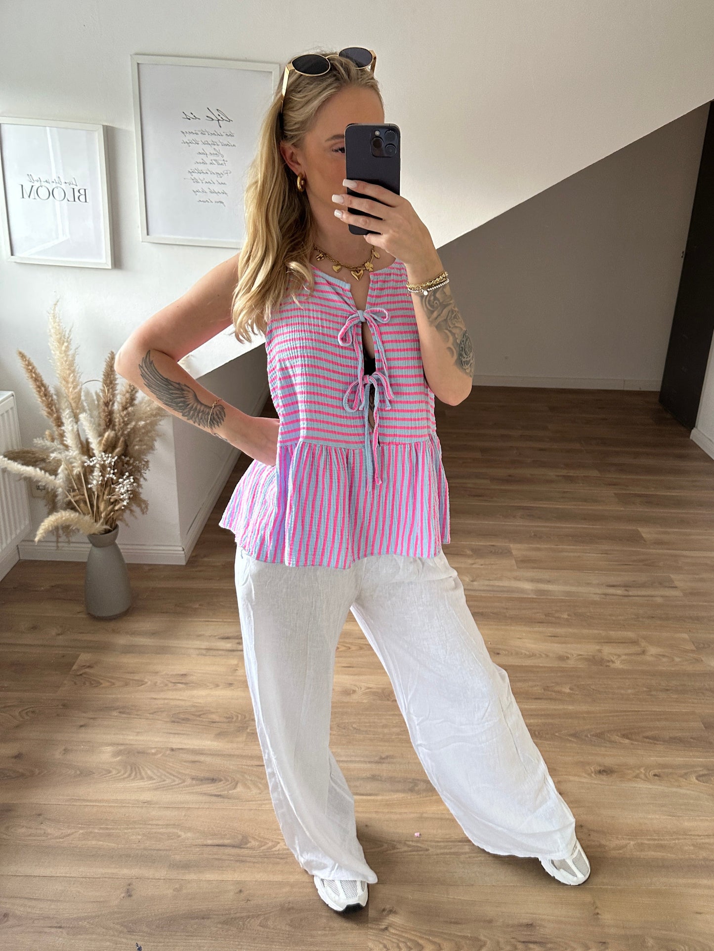 Musselin Bluse Kurzarm "Holly" Blau Pink
