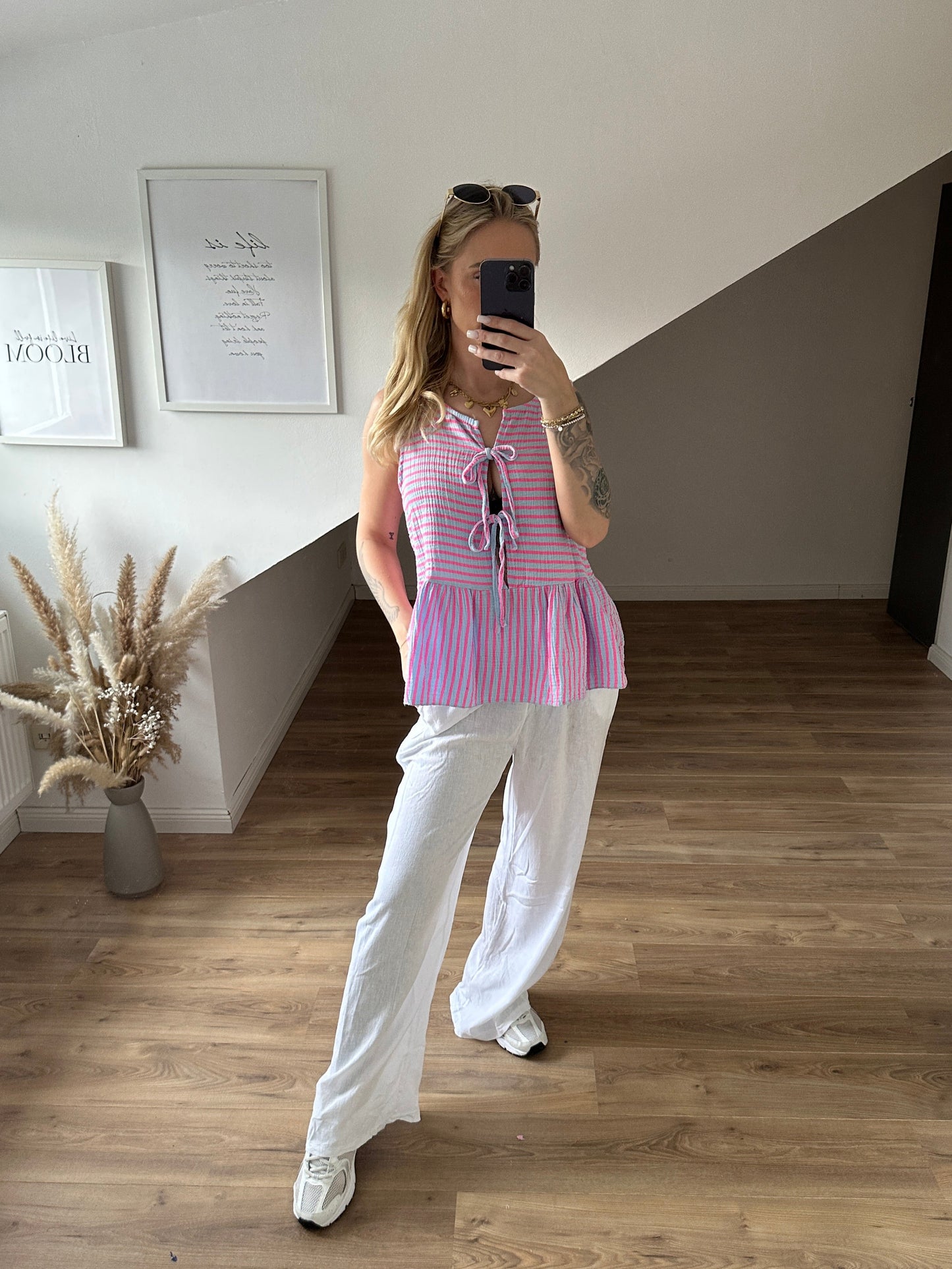 Musselin Bluse Kurzarm "Holly" Blau Pink
