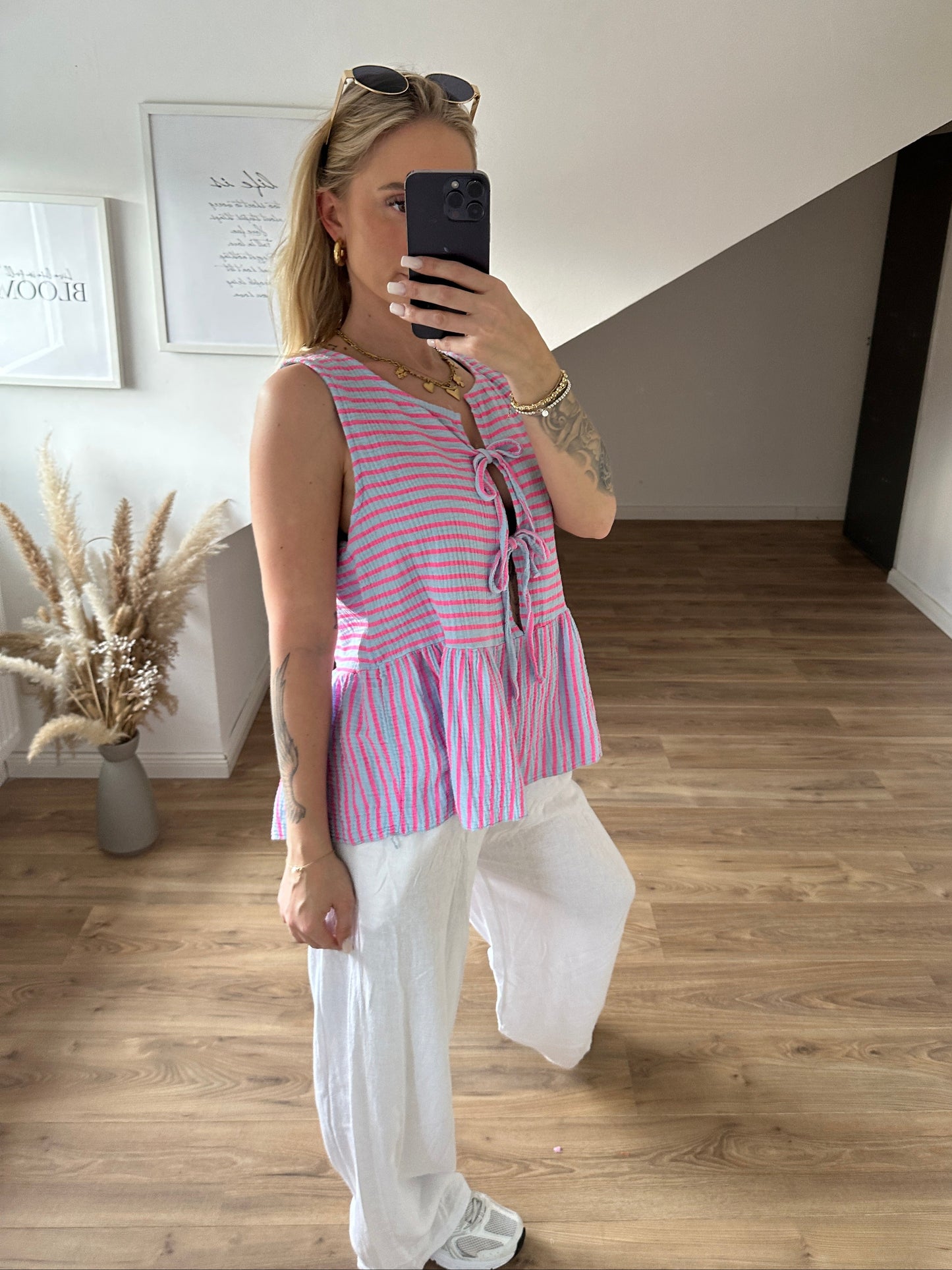 Musselin Bluse Kurzarm "Holly" Blau Pink
