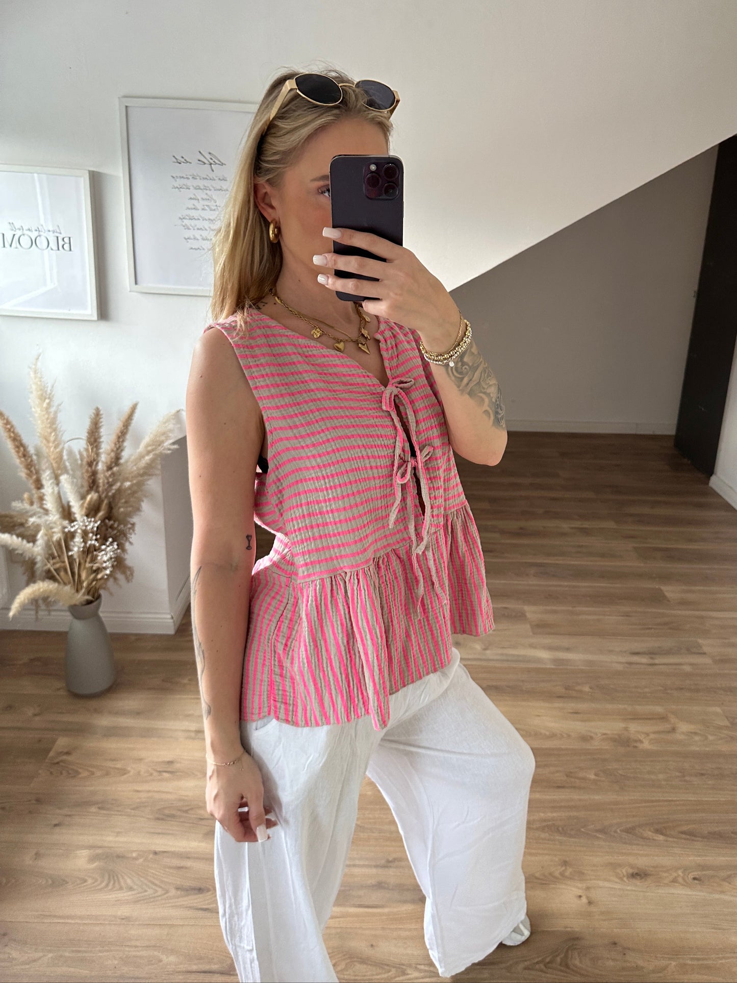 Musselin Bluse Kurzarm "Holly" Blau Pink