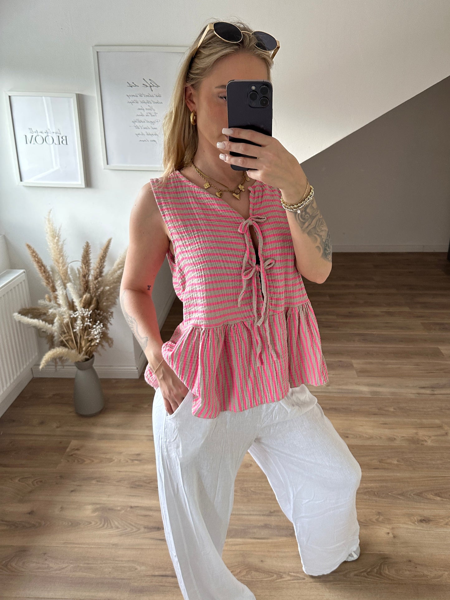 Musselin Bluse Kurzarm "Holly" Blau Pink