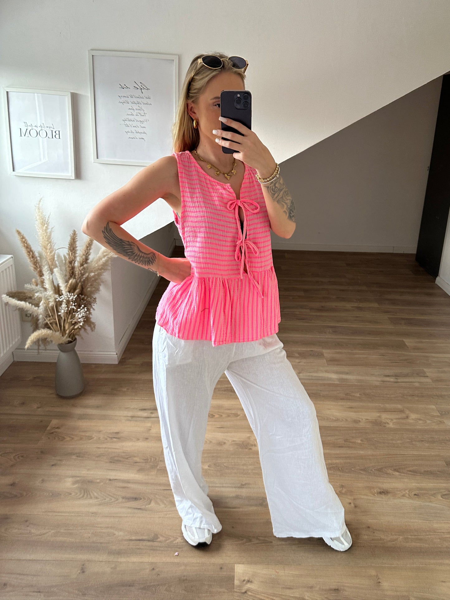 Musselin Bluse Kurzarm "Holly" Blau Pink