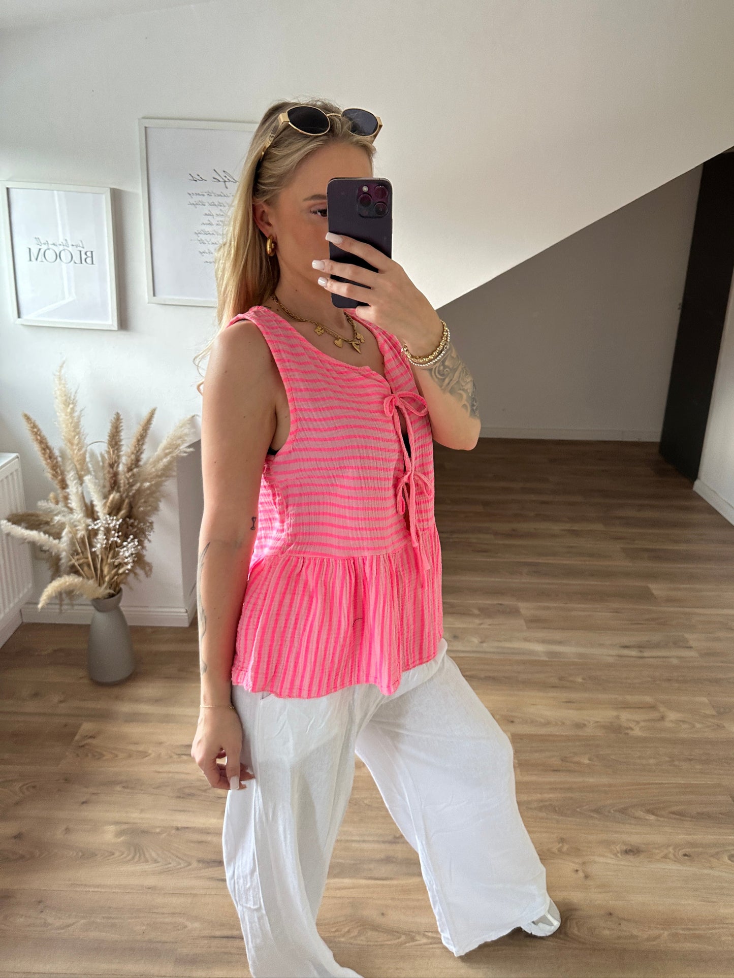 Musselin Bluse Kurzarm "Holly" Blau Pink