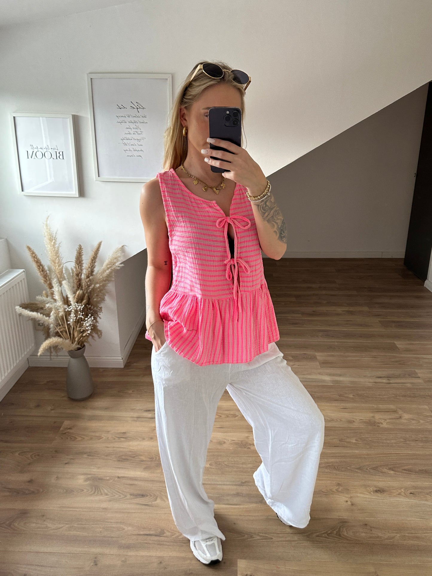 Musselin Bluse Kurzarm "Holly" Blau Pink