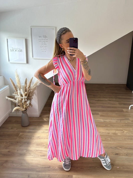 Musselin Kleid "Streifi" Pink Lila Kurze Ärmel