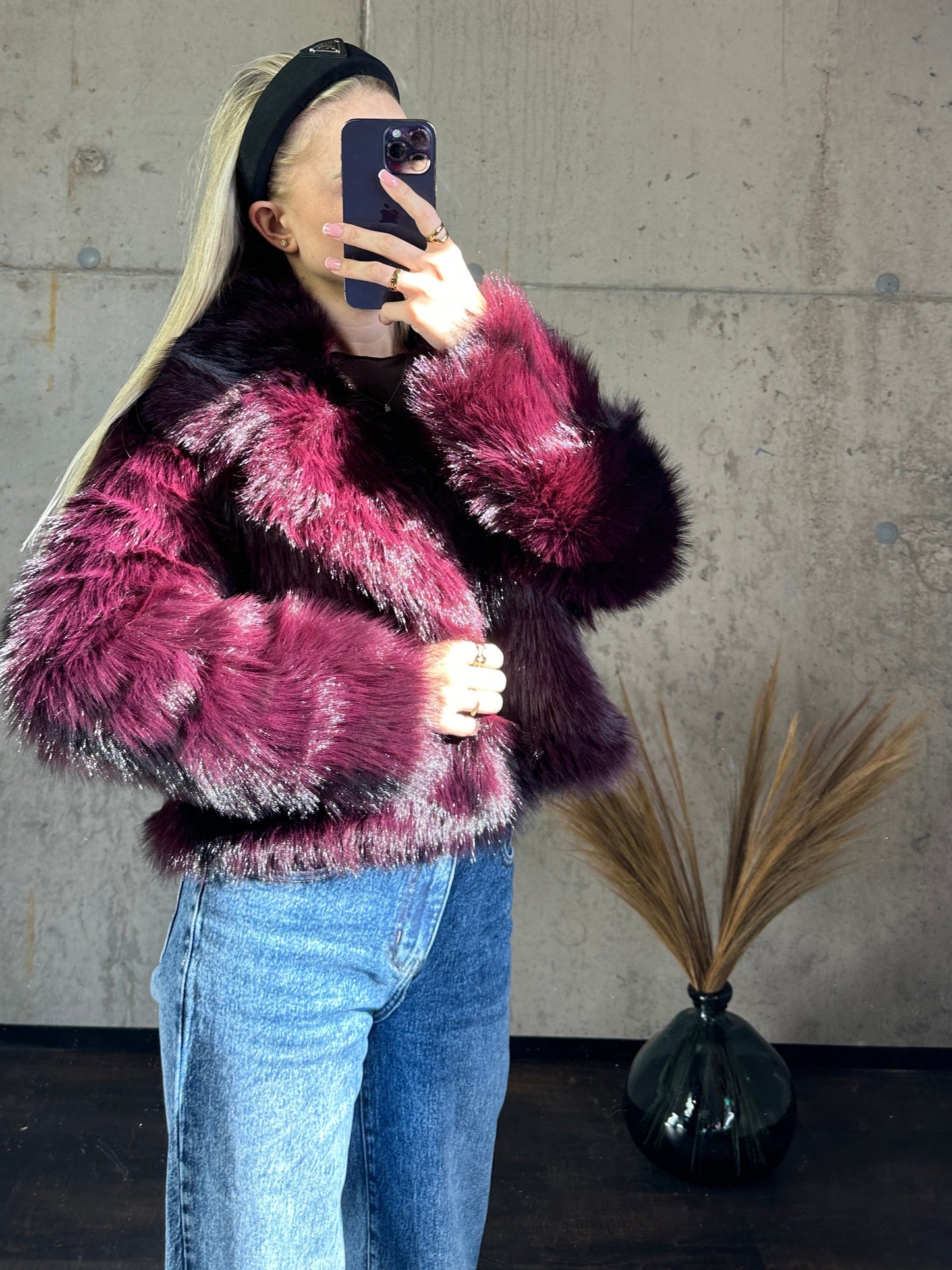 Kunstfell Jacke Bordeauxrot