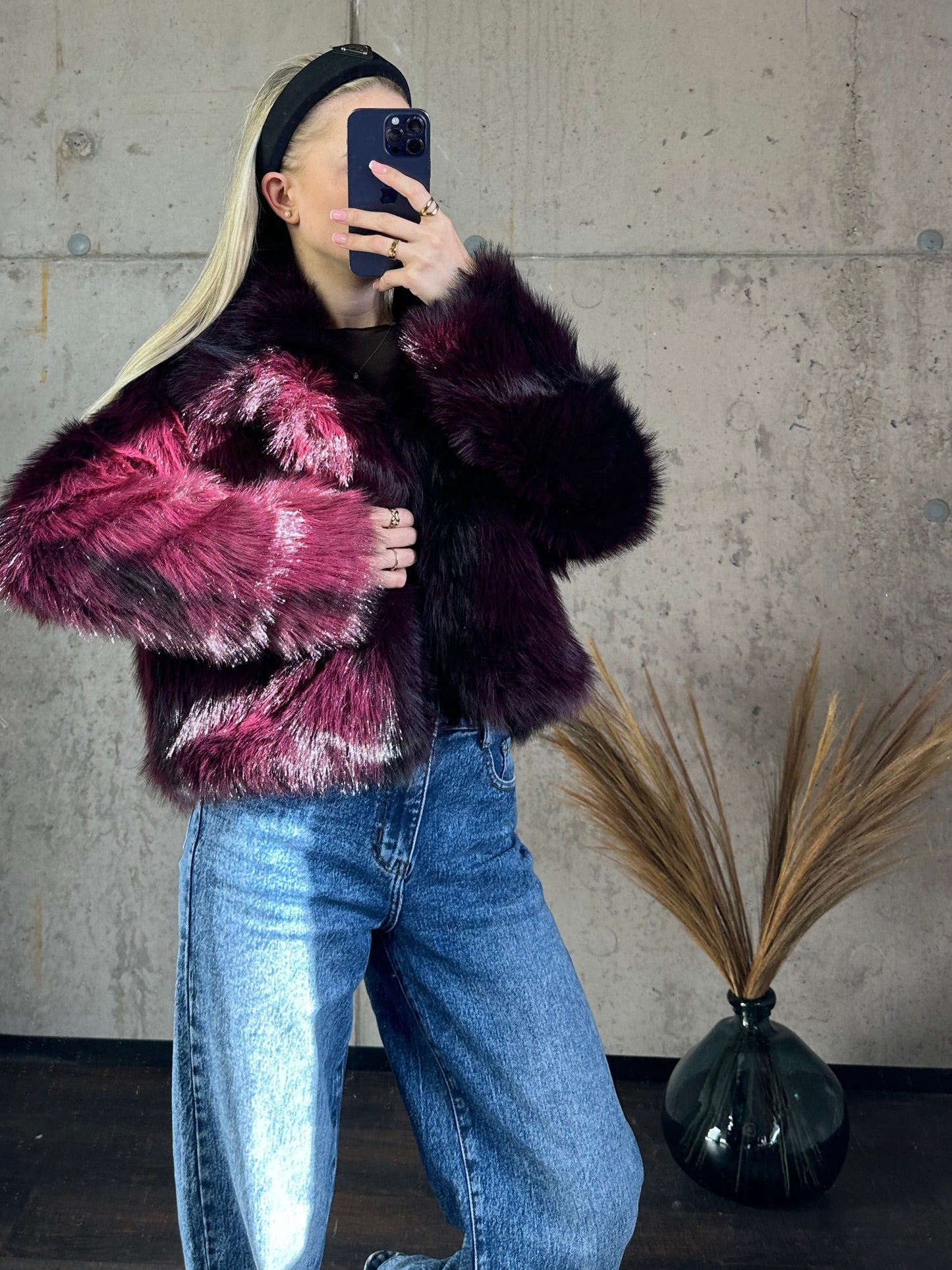 Kunstfell Jacke Bordeauxrot
