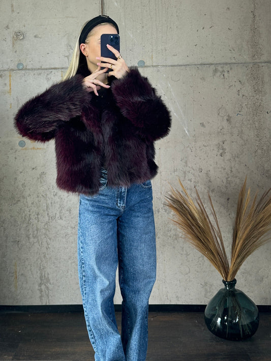 Kunstfell Jacke Bordeauxrot