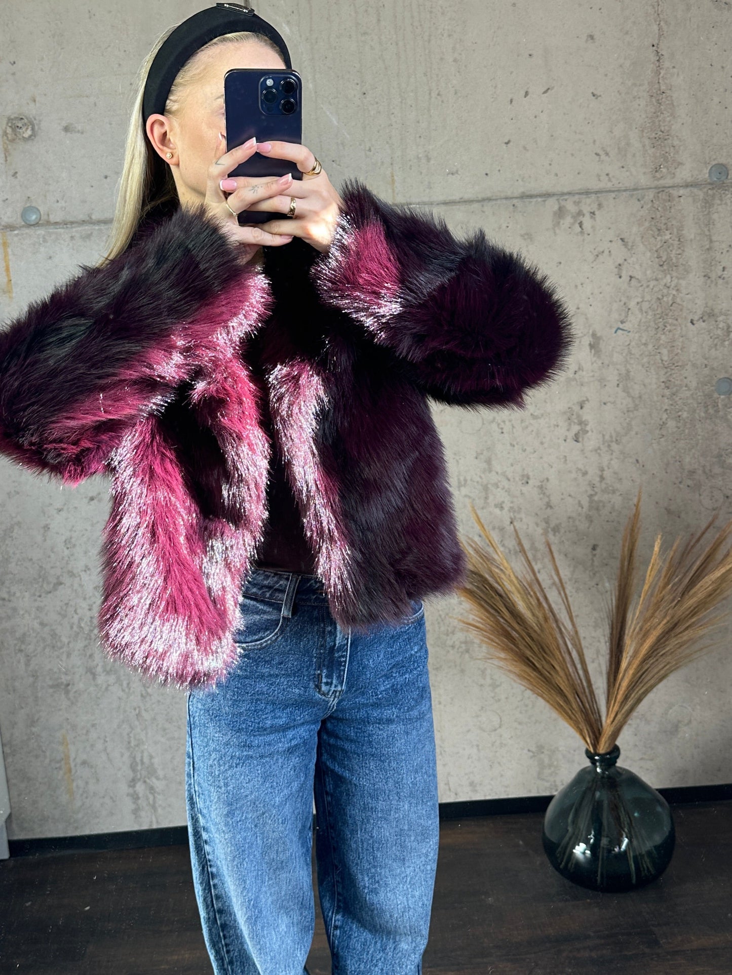 Kunstfell Jacke Bordeauxrot