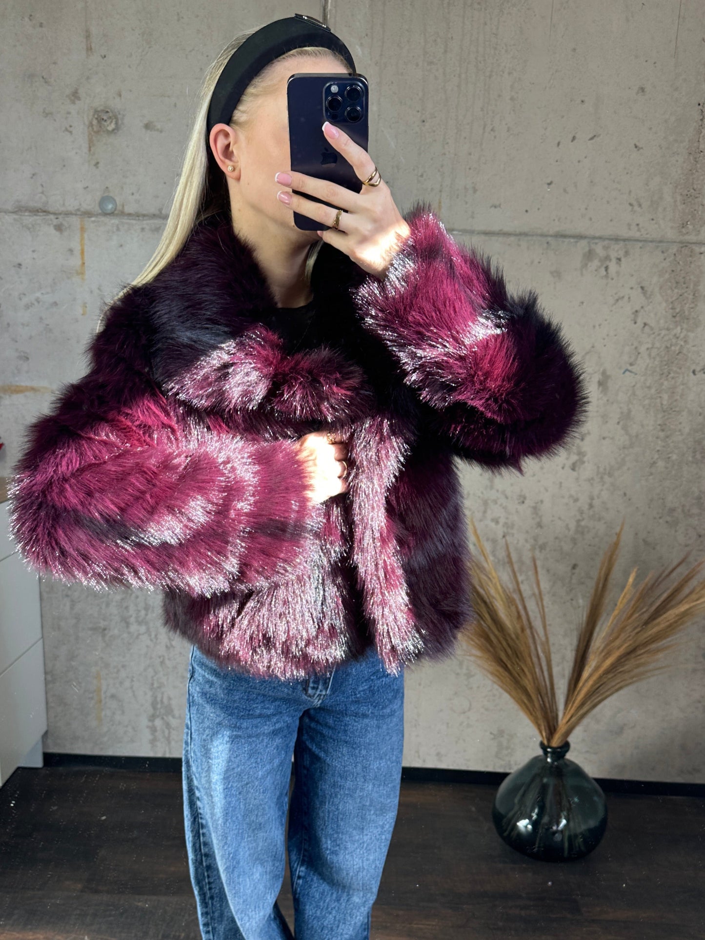 Kunstfell Jacke Bordeauxrot