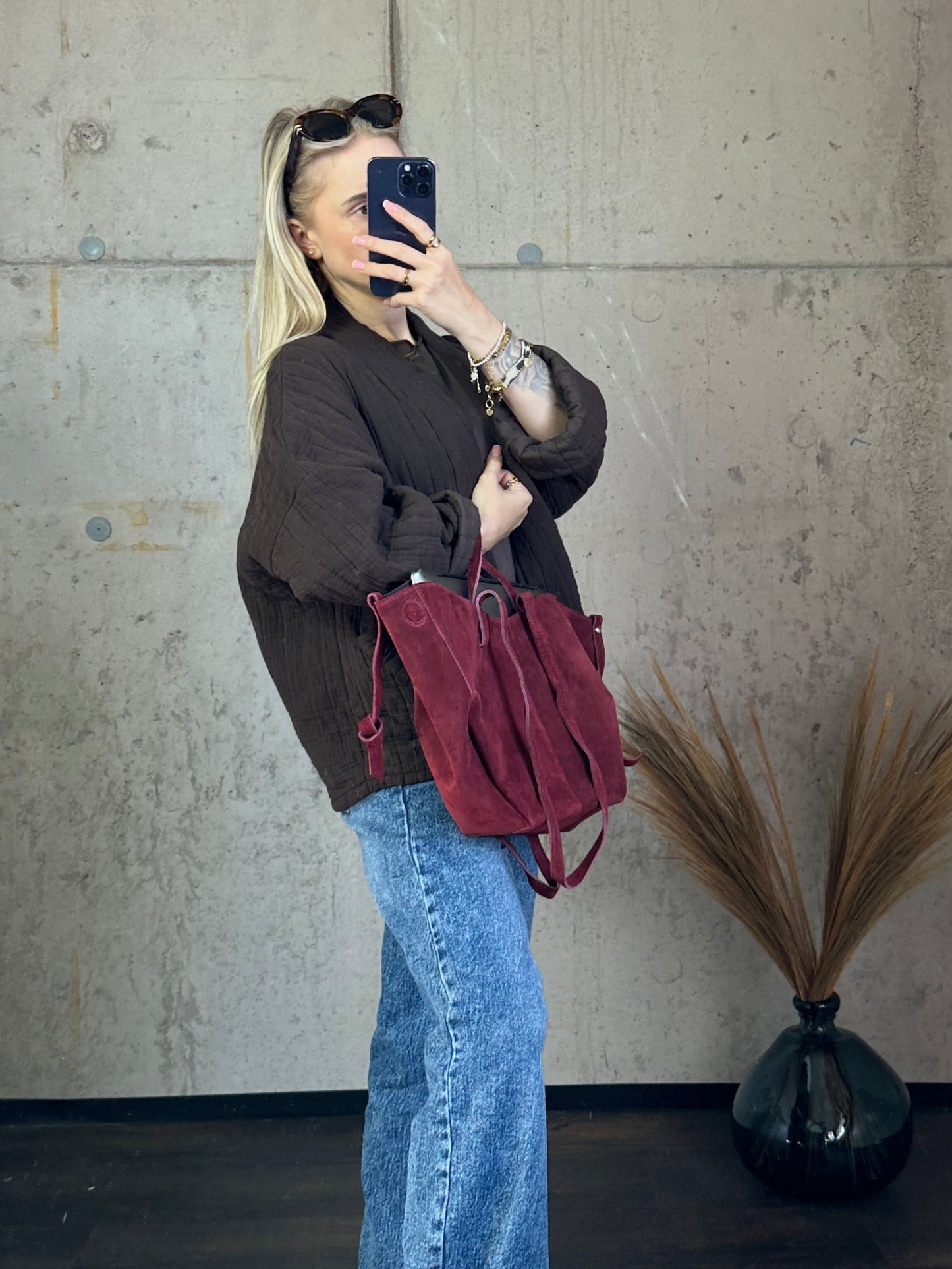 Tasche „Bisie“ Wildleder Bordeauxrot