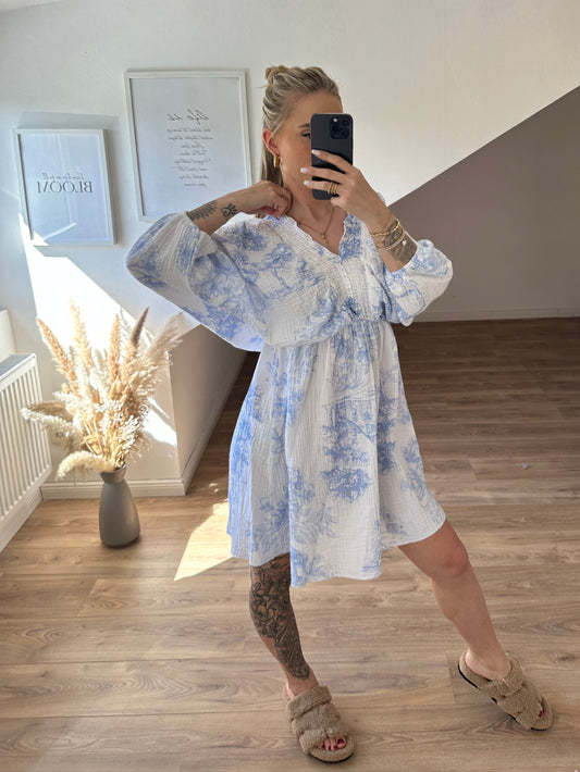 Musselin Kleid Blau Weiß