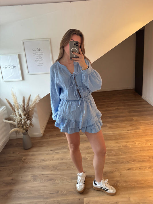 Musselin Jumpsuit mit 3 Schleifchen "Marie" Blau